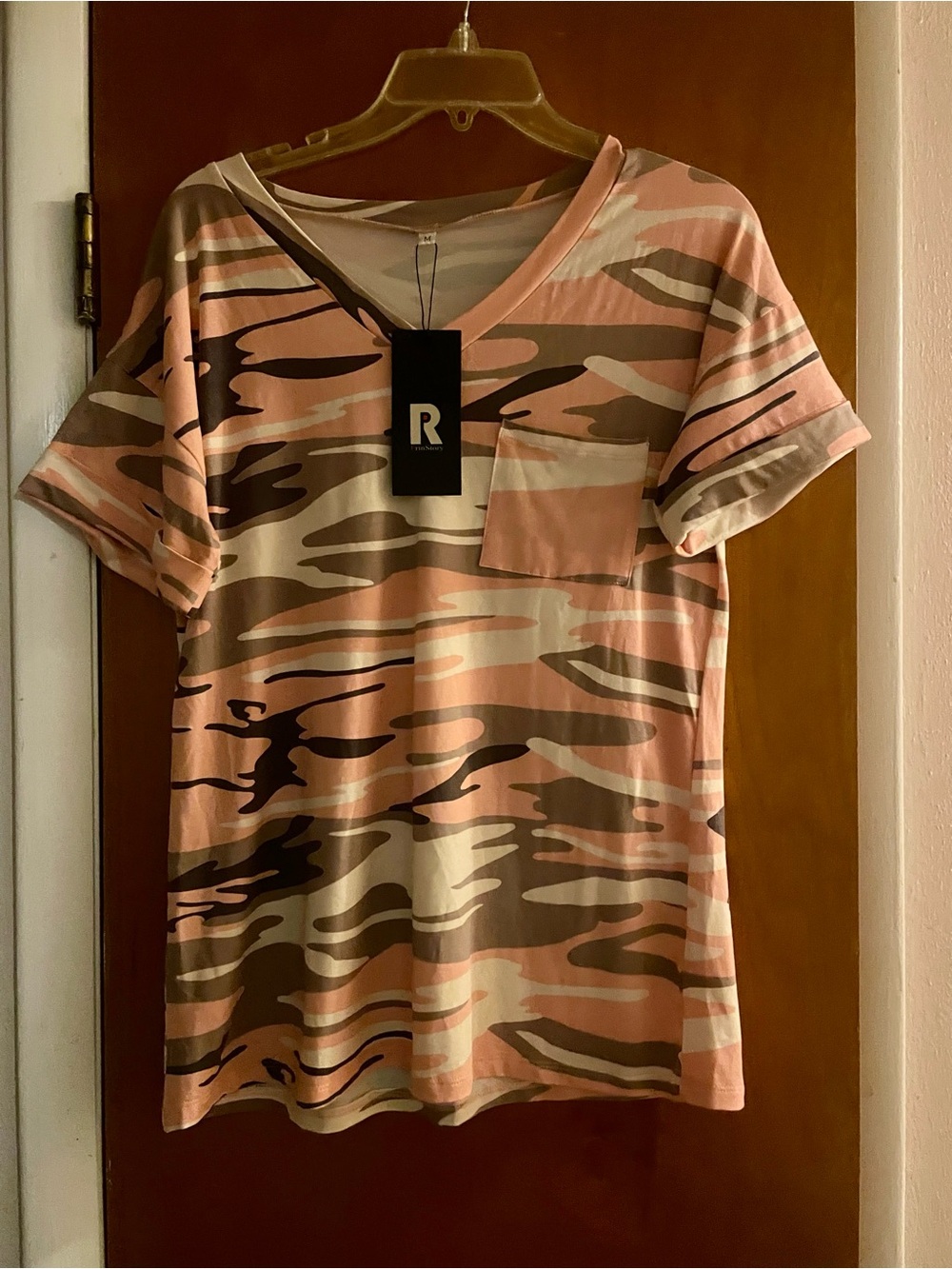 NWT-PrinStory Pink Camo T-Shirt with Pink & Beige Tones, Cuffed Sleeves